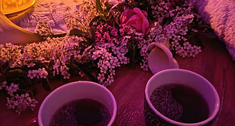Deux tasses de tisane posées devant un mandala pendant un rituel Rebozo à Commequiers, près de Challans.